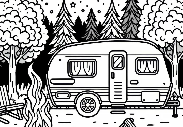 Camper on a campsite with a campfire and trees - Free coloring page
