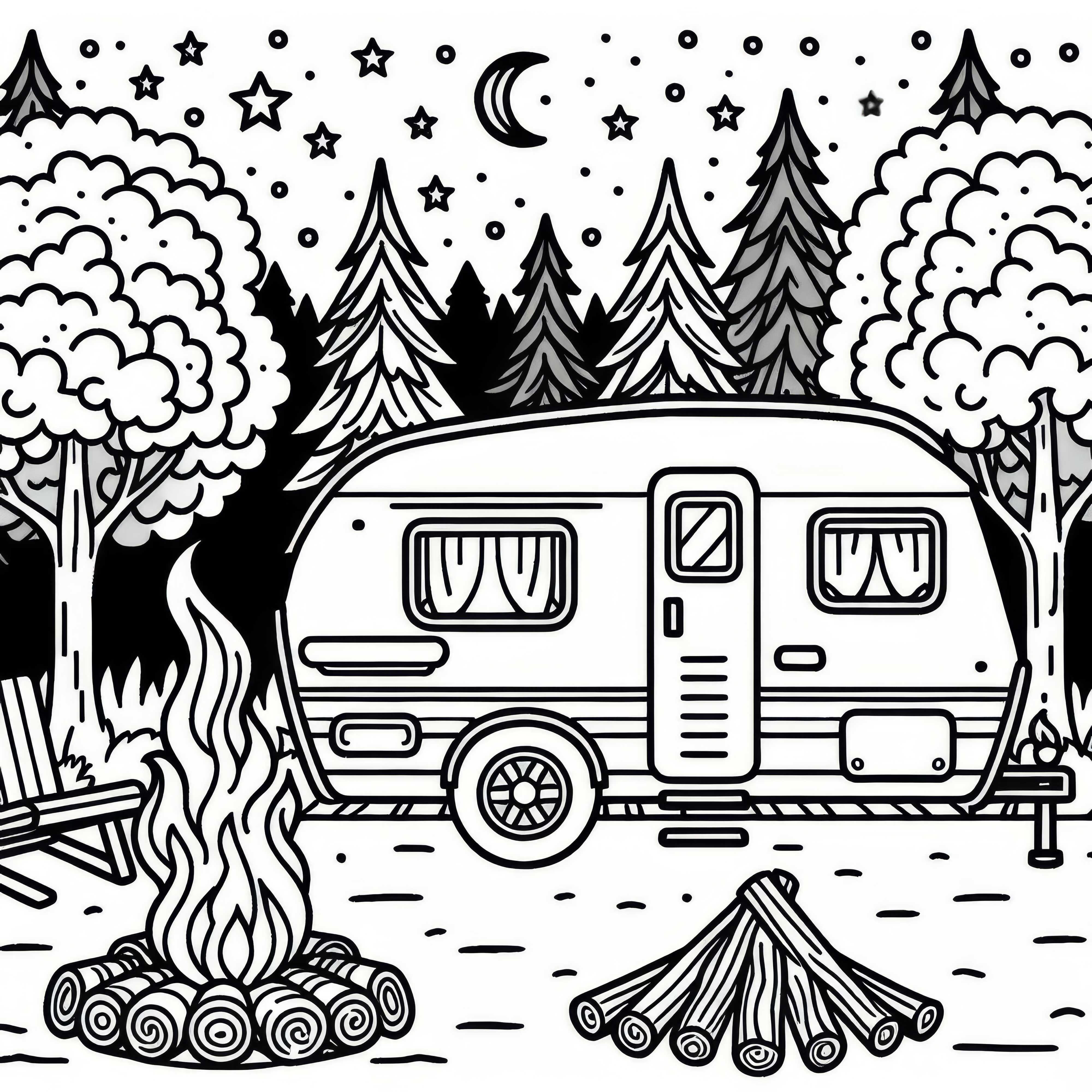 Campingvogn på campingplads med bål og træer - farvelægningsbillede gratis