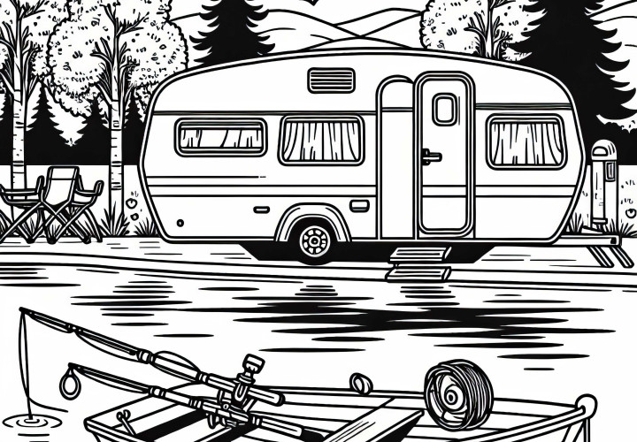 Campingvogn ved søen med robåd - gratis malerværk Campingvogn ved søen med robåd - gratis malebog
