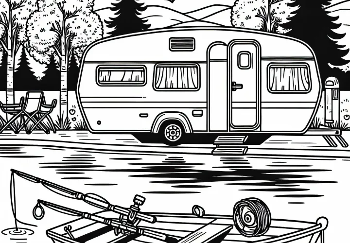 Caravan by the lake with rowboat - Free coloring page