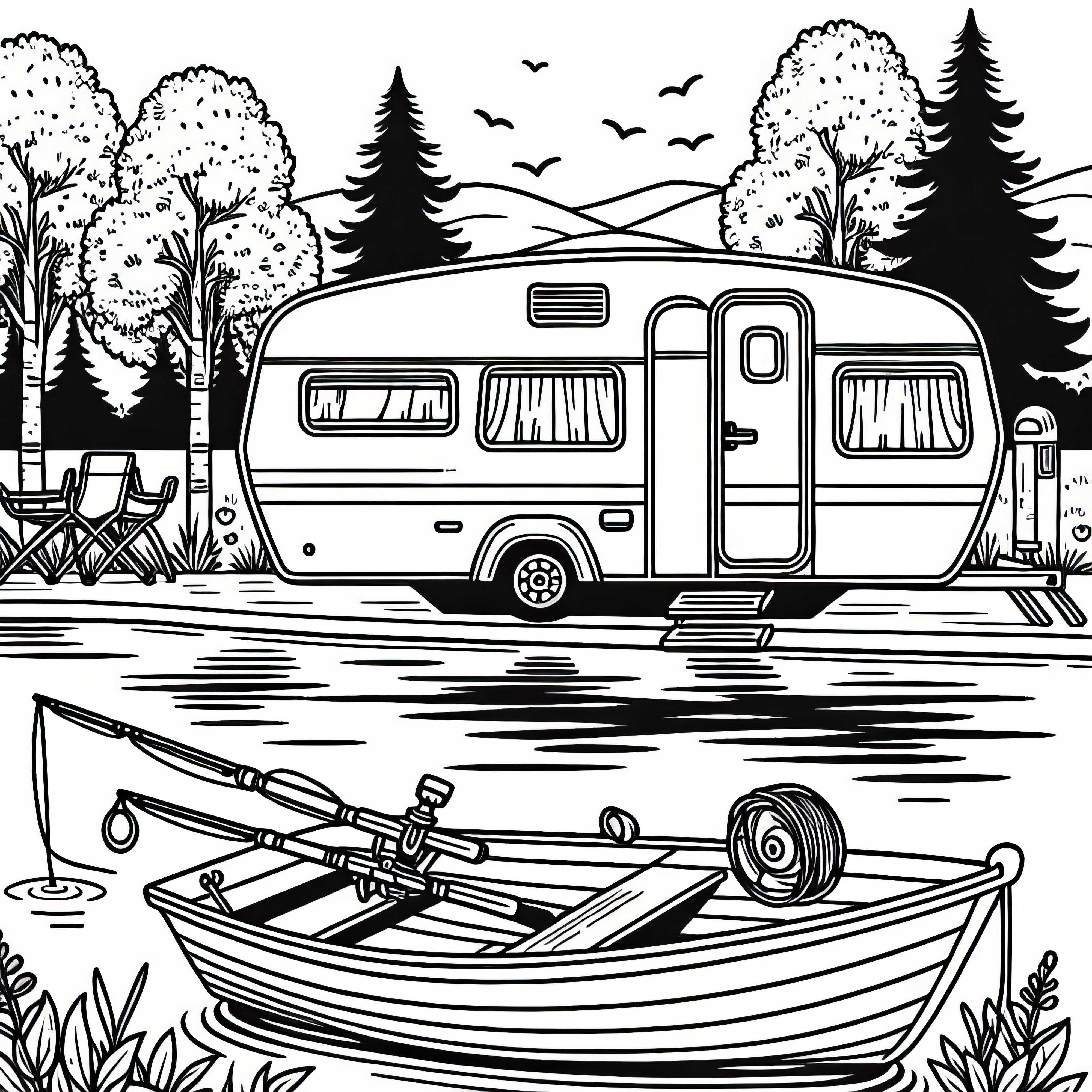 Campingvogn ved søen med robåd - Gratis malebog
