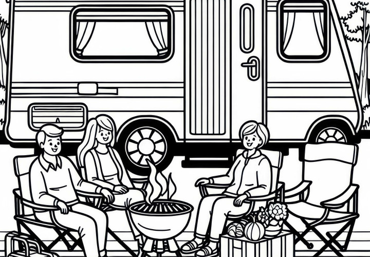 Familie sidder foran campingvogn på havestole med grill - Farvelægning gratis Familie sidder foran campingvogn på campingstole med grill - Malebog gratis
