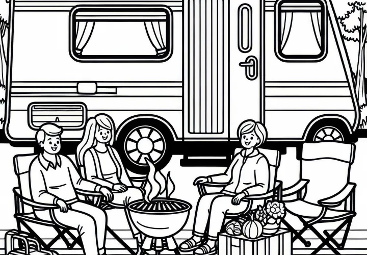 Family sitting in front of caravan on camping chairs with grill - Free coloring page