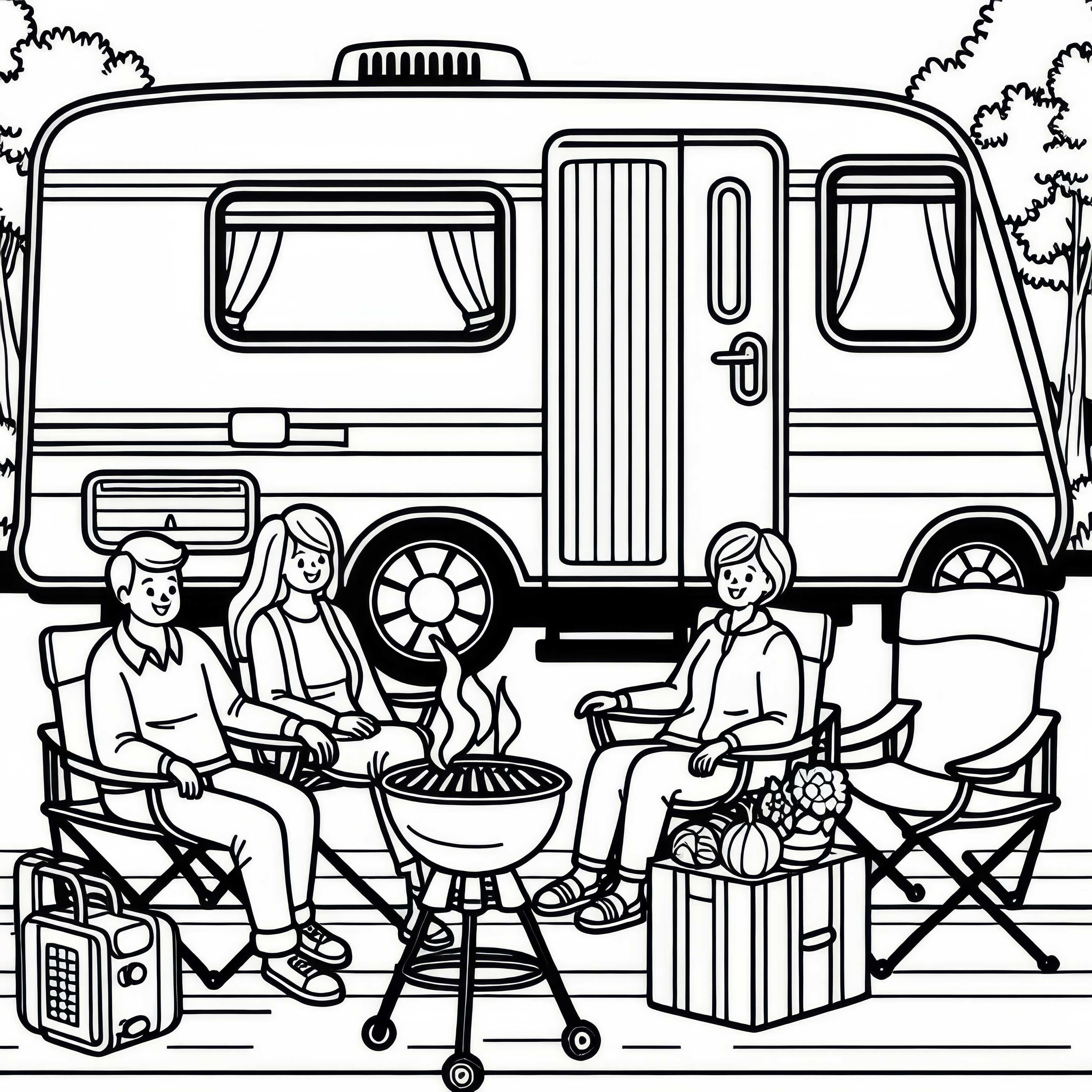 Familie sidder foran campingvogn på campingstole med grill - Malebog gratis