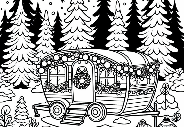 Campingvognen er julepyntet og står i den sneklædte skov – Gratis malebillede Campingvognen er julepyntet og står i den sneklædte skov – Malebillede gratis
