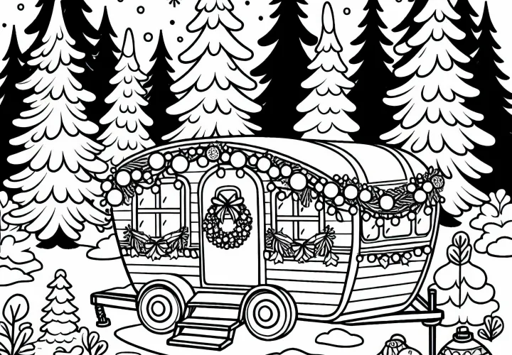 The caravan is decorated for Christmas and is located in a snowy forest – Free coloring page
