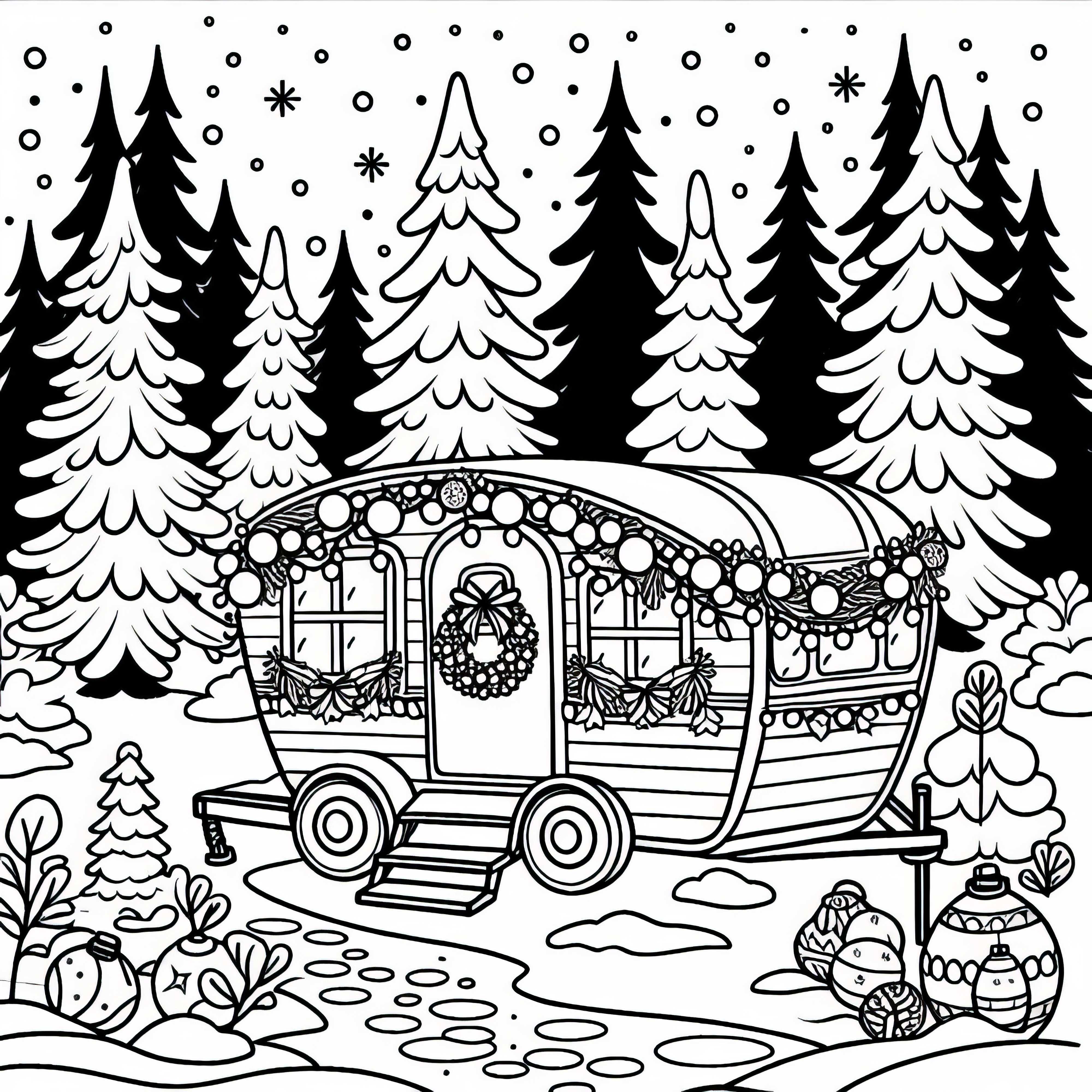 Campingvognen er julepyntet og står i den snedækkede skov – Gratis farvelægningsbillede