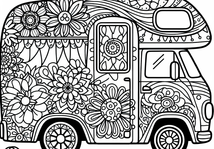 Campingvogn med blomsterdesign som hippie-varevogn farvelægning Campingvogn med blomsterdesign som hippie-vogn malebogskabelon