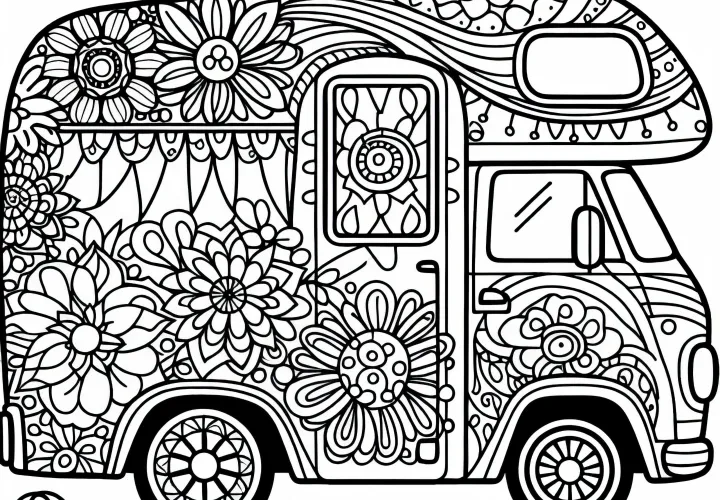 Camper with flower patterns as a hippie van coloring page