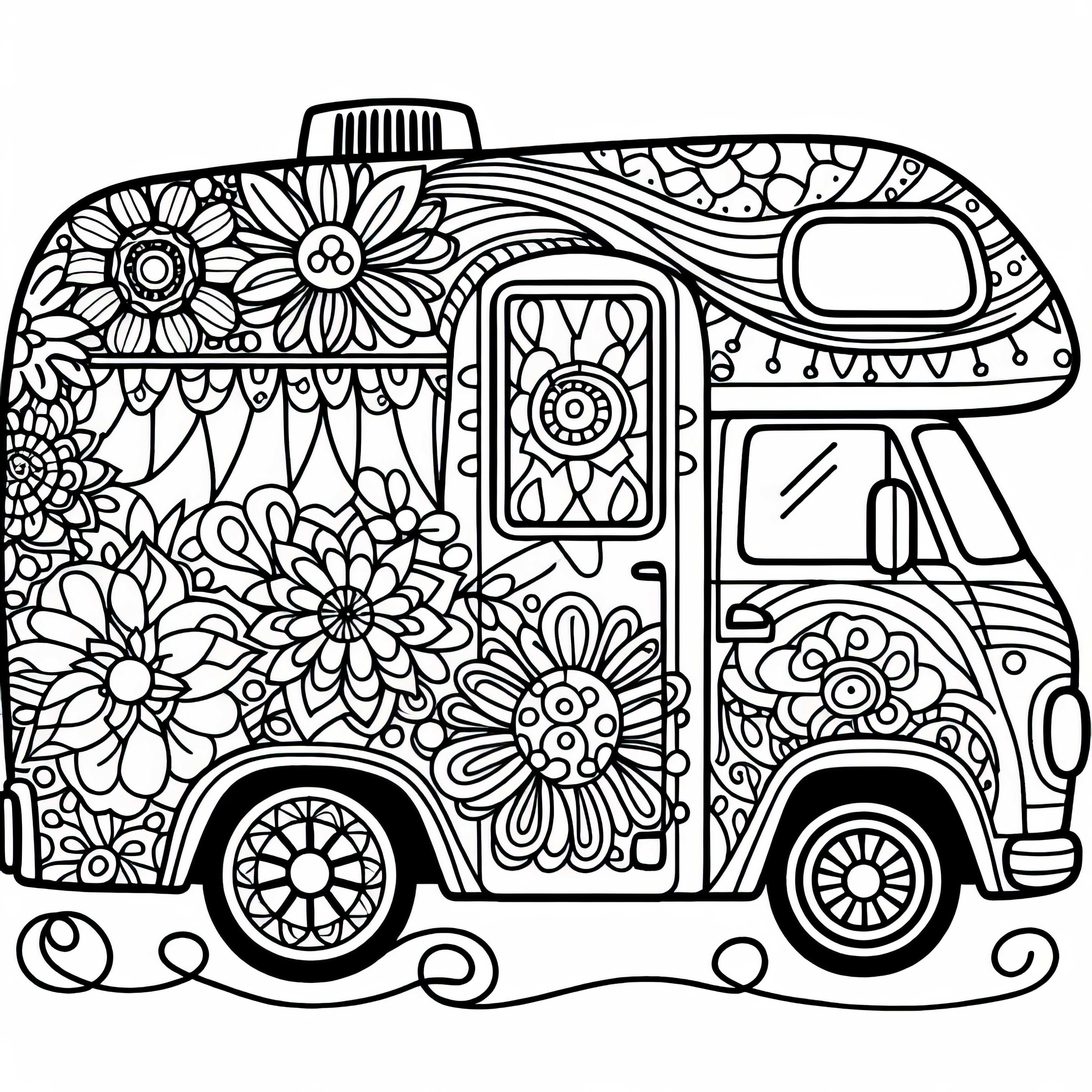 Campingvogn med blomsterdesign som hippie-vogn malebogskabelon