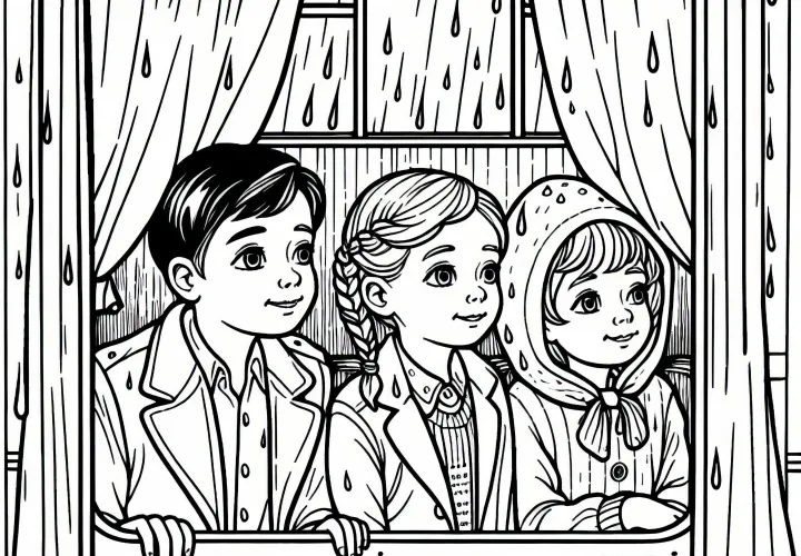 Children looking out of the window of a caravan in the rain - free coloring page