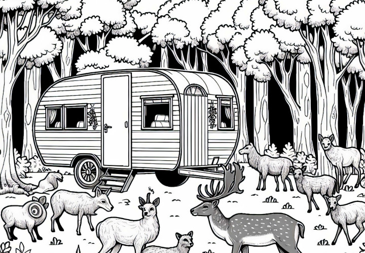 Gammel campingvogn bliver nysgerrigt omgivet af dyr i skoven - Gratis udmalingsbillede Gammel campingvogn bliver nysgerrigt omgivet af dyr i skoven - Malebillede gratis