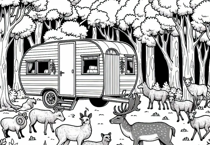 An old caravan is curiously circled by animals in the woods – Free coloring page