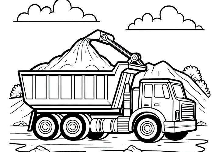 Caminhão basculante carrega areia no canteiro de obras - Desenho para colorir grátis