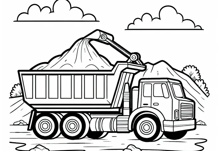 Dumper loading sand at construction site - Free coloring page