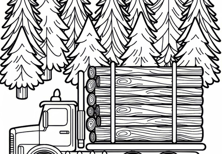 Laster mit Baumstämmen fährt durch den Wald – Ausmalbild kostenlos Laster mit Baumstämmen fährt durch den Wald – Ausmalbild kostenlos