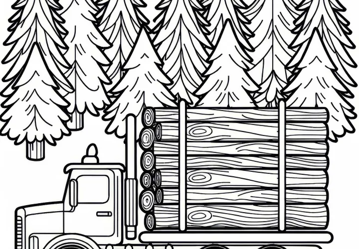 Truck with tree trunks driving through the forest - Free coloring page