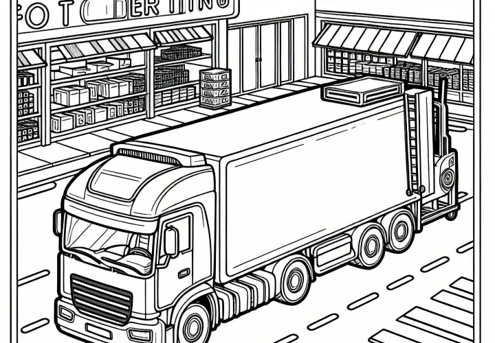 Cool Truck Stands in Front of Supermarket – Free Coloring Page