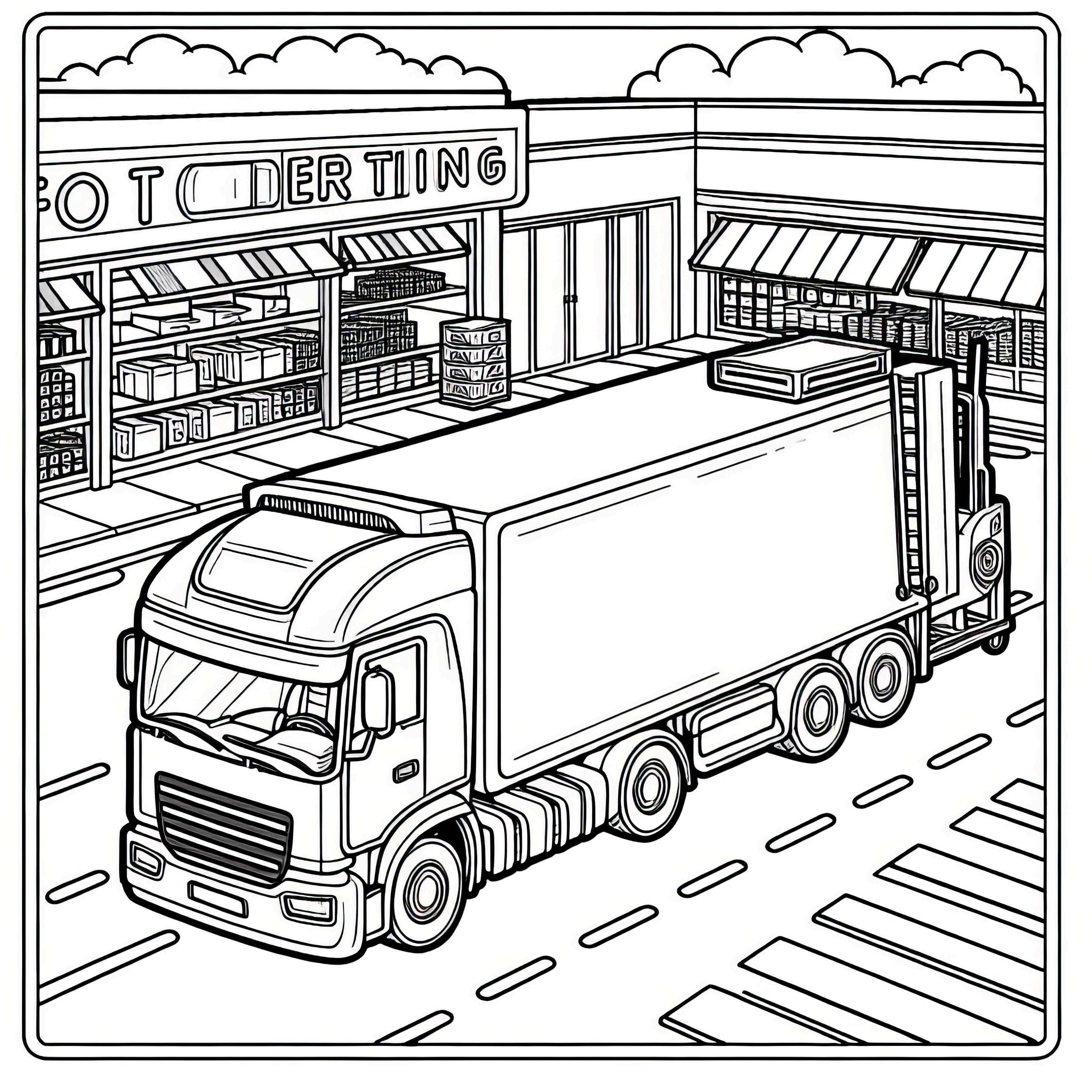 Caminhão Refrigerado Está na Frente do Supermercado – Desenho para Colorir Gratuito