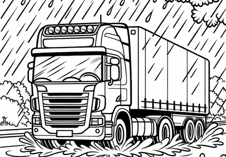 Caminhão passa pela chuva - Desenho para colorir grátis