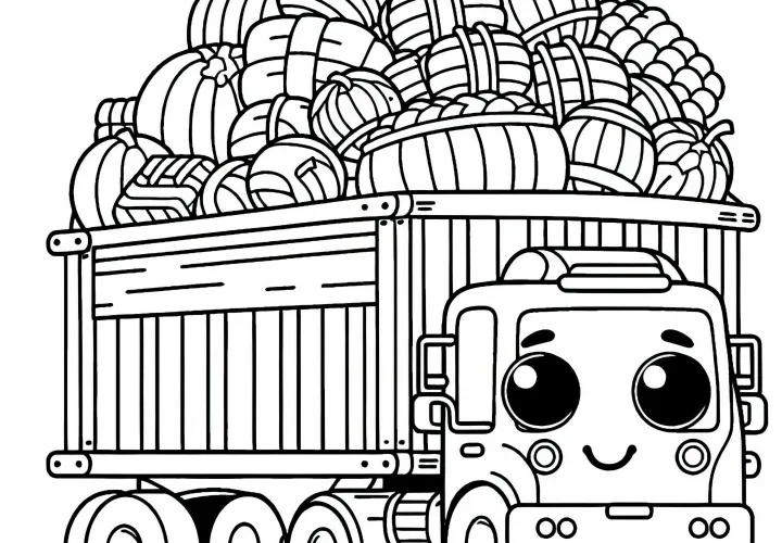 Comic truck with a face and overloaded cargo – free coloring page