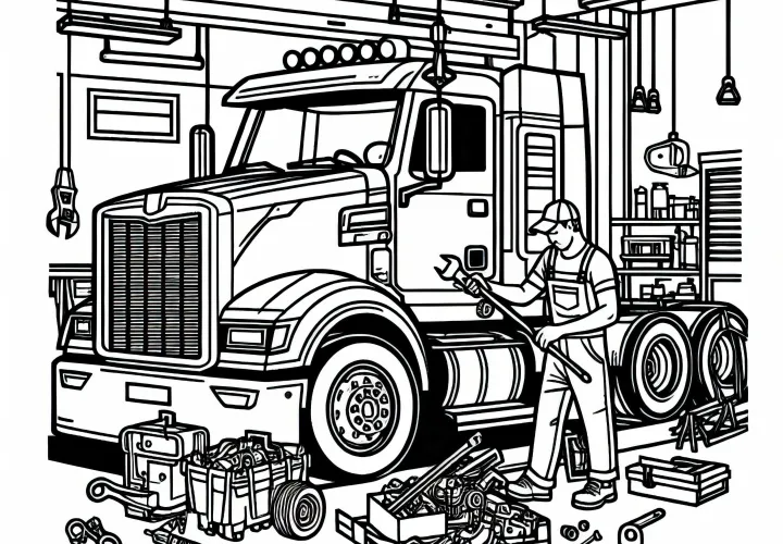 Truck in the Workshop - Free Coloring Page