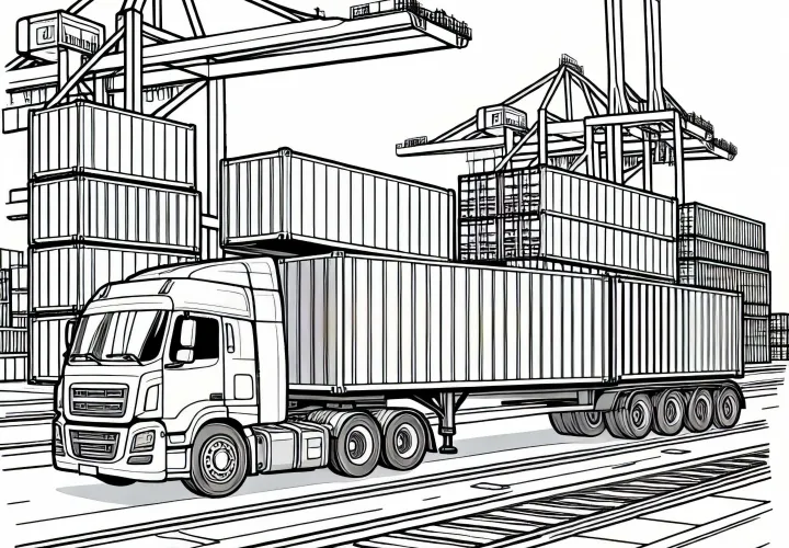 Truck with containers drives through port area - free coloring page
