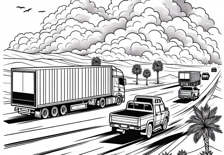 Laster auf Wüstenstraße mit Staubwolken – Ausmalbild kostenlos Laster auf Wüstenstraße mit Staubwolken – Ausmalbild kostenlos