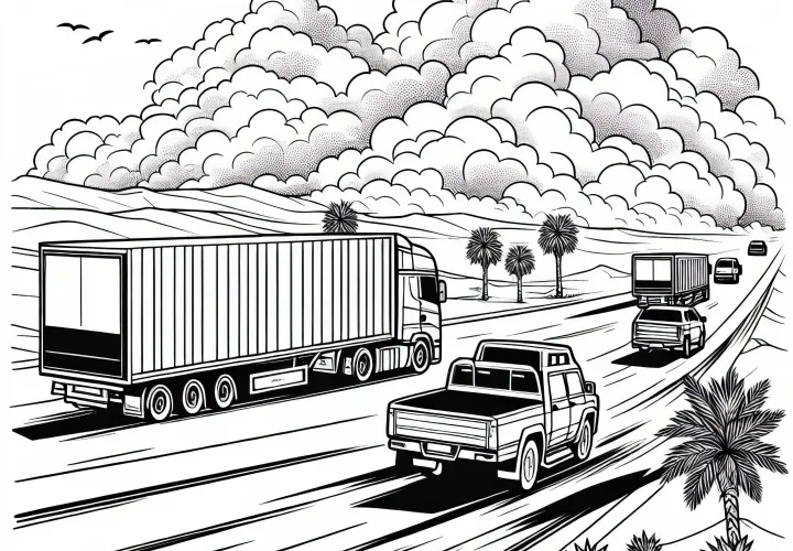 Truck on desert road with dust clouds – Free coloring page