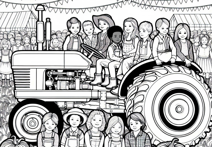 Children sitting on an old tractor at the farm festival - coloring page free of charge Children sitting on an old tractor at the farm festival – Free coloring page