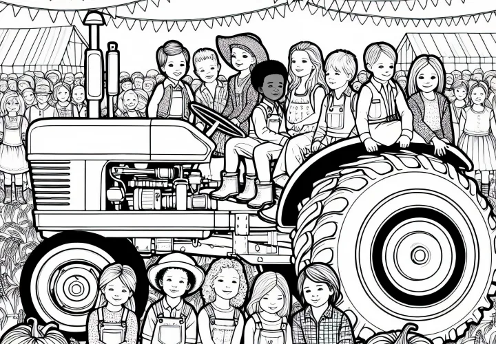 Children sitting on an old tractor at the farm festival – Free coloring page