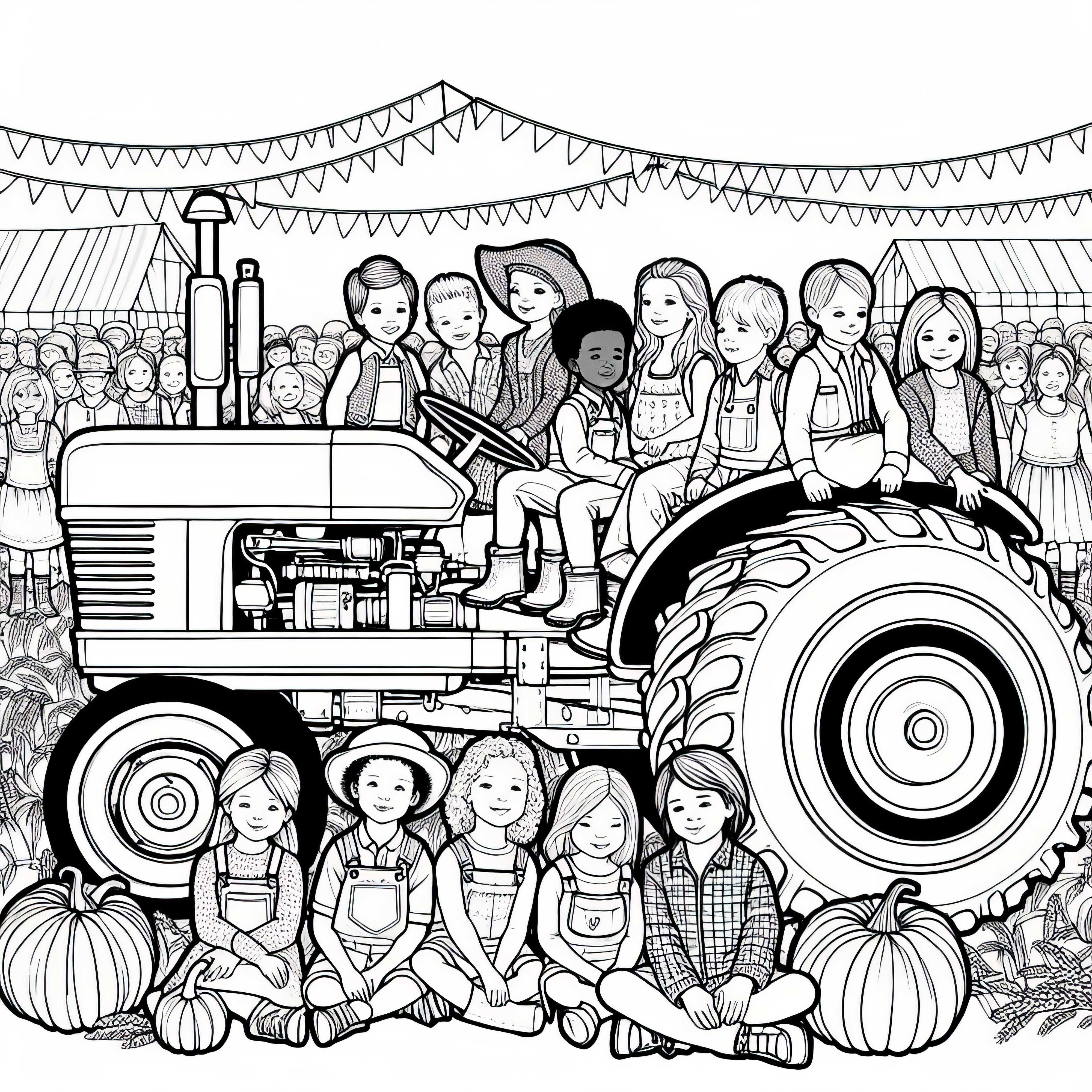 Children sitting on an old tractor at the farm festival - free coloring template