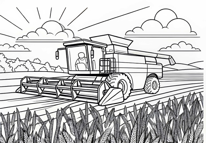 Combine harvester harvests wheat field - Free coloring page Combine harvester harvests wheat field - coloring page free