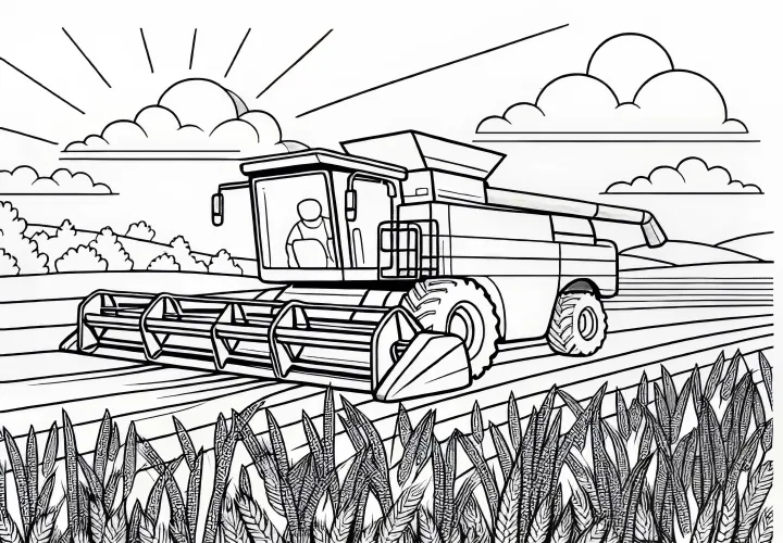 Combine harvester harvests wheat field - coloring page free
