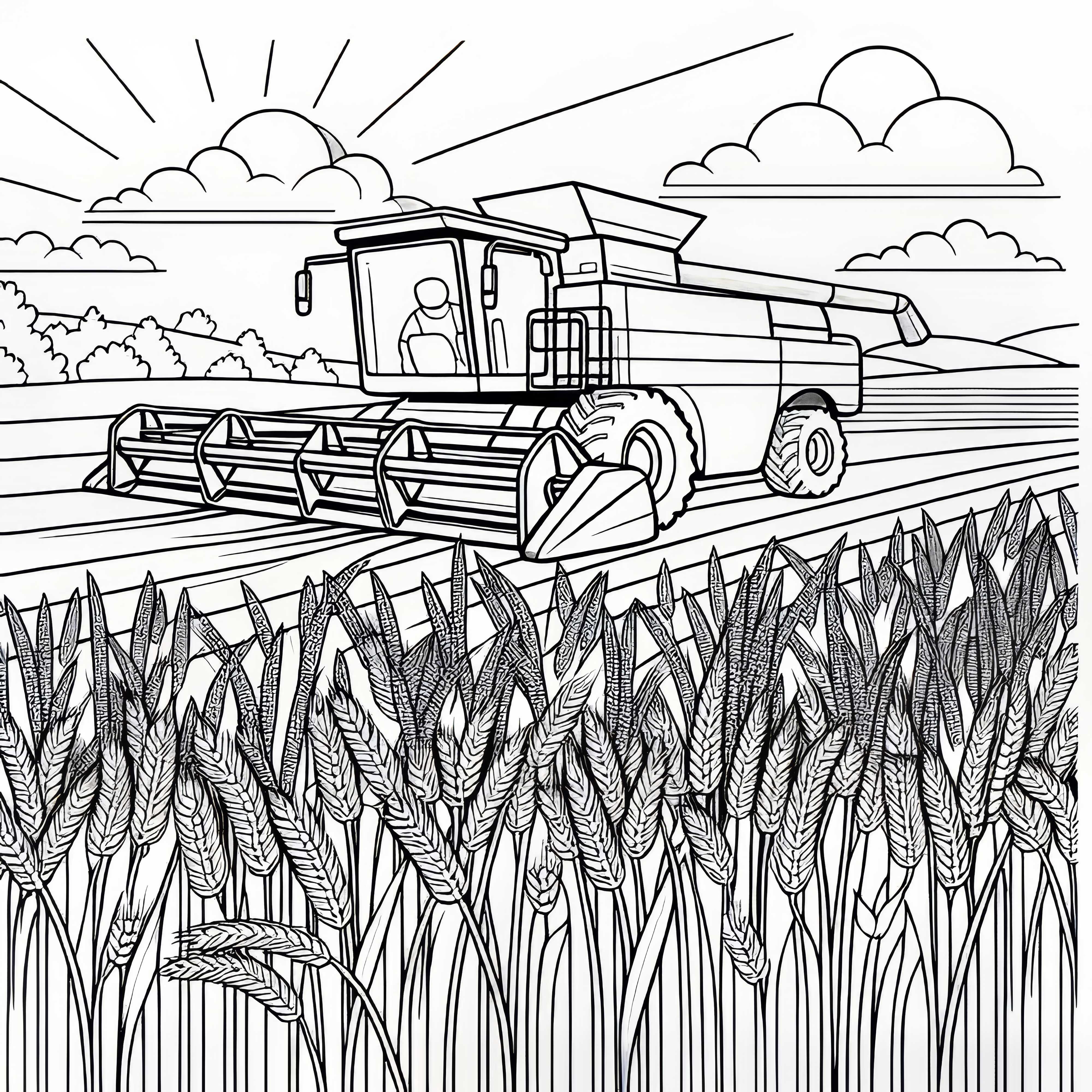 Combine harvester harvests wheat field - Free coloring template