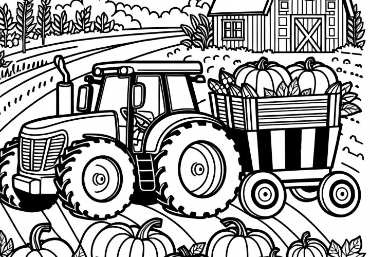 Tractor pulls a trailer with pumpkins during harvest time - Free coloring page Tractor pulls a trailer with pumpkins during harvest time - Free coloring page