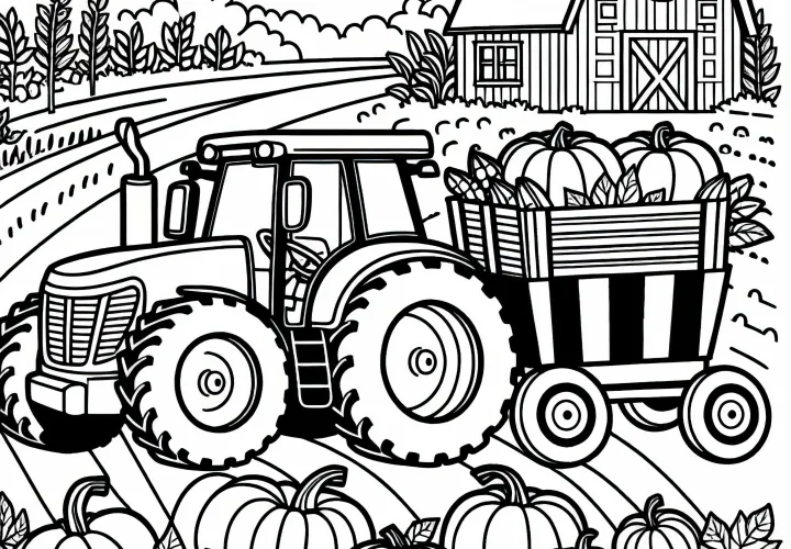 Tractor pulls a trailer with pumpkins during harvest time - Free coloring page