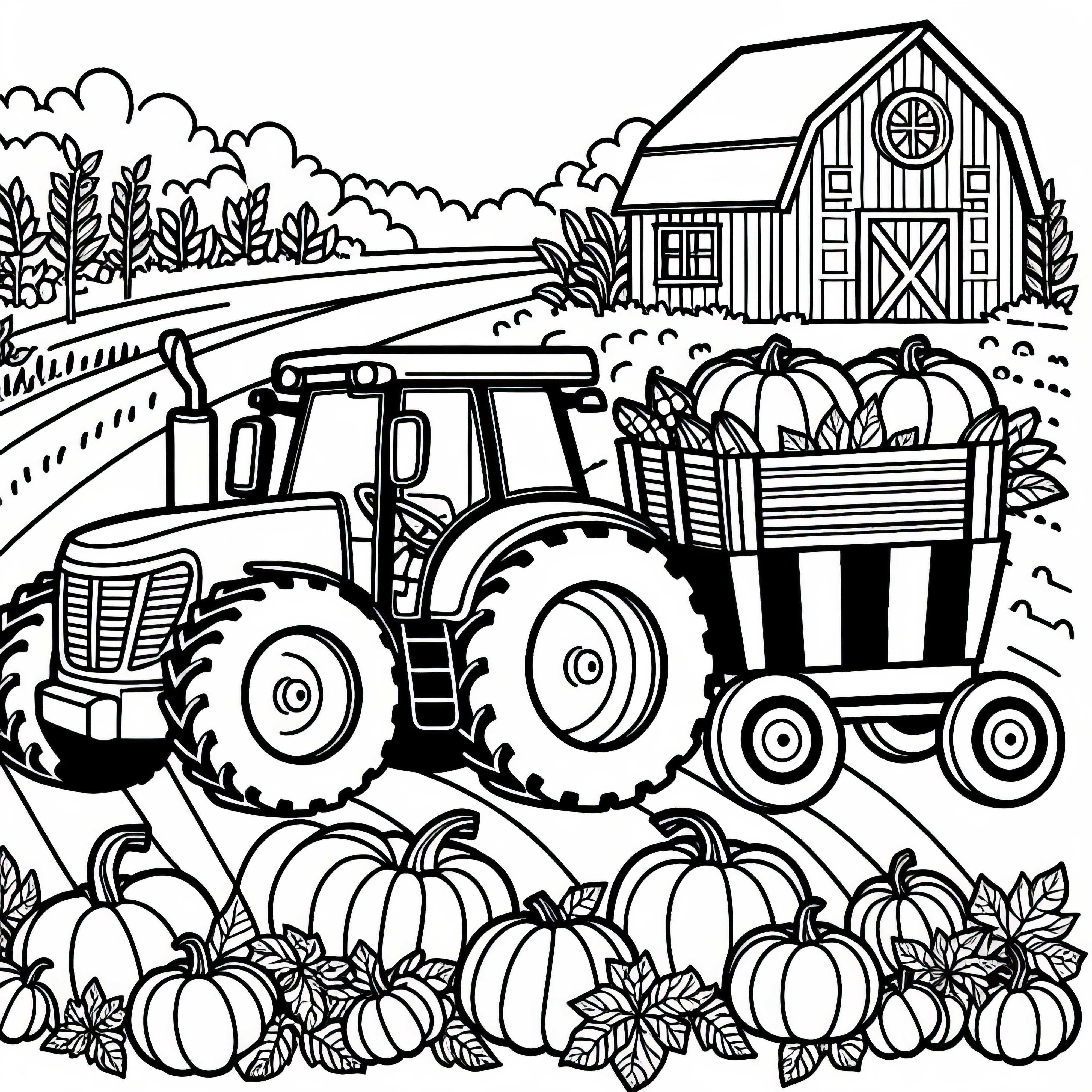 Tractor pulls a trailer with pumpkins during harvest time - Free coloring page
