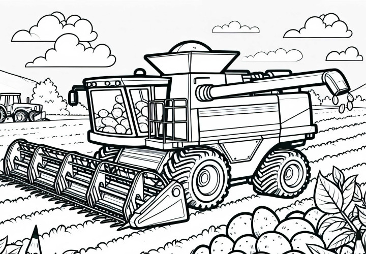 Potato harvest with a machine in the field - Free coloring page Potato harvest with a machine in the field - free coloring page