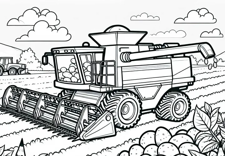 Potato harvest with a machine in the field - free coloring page