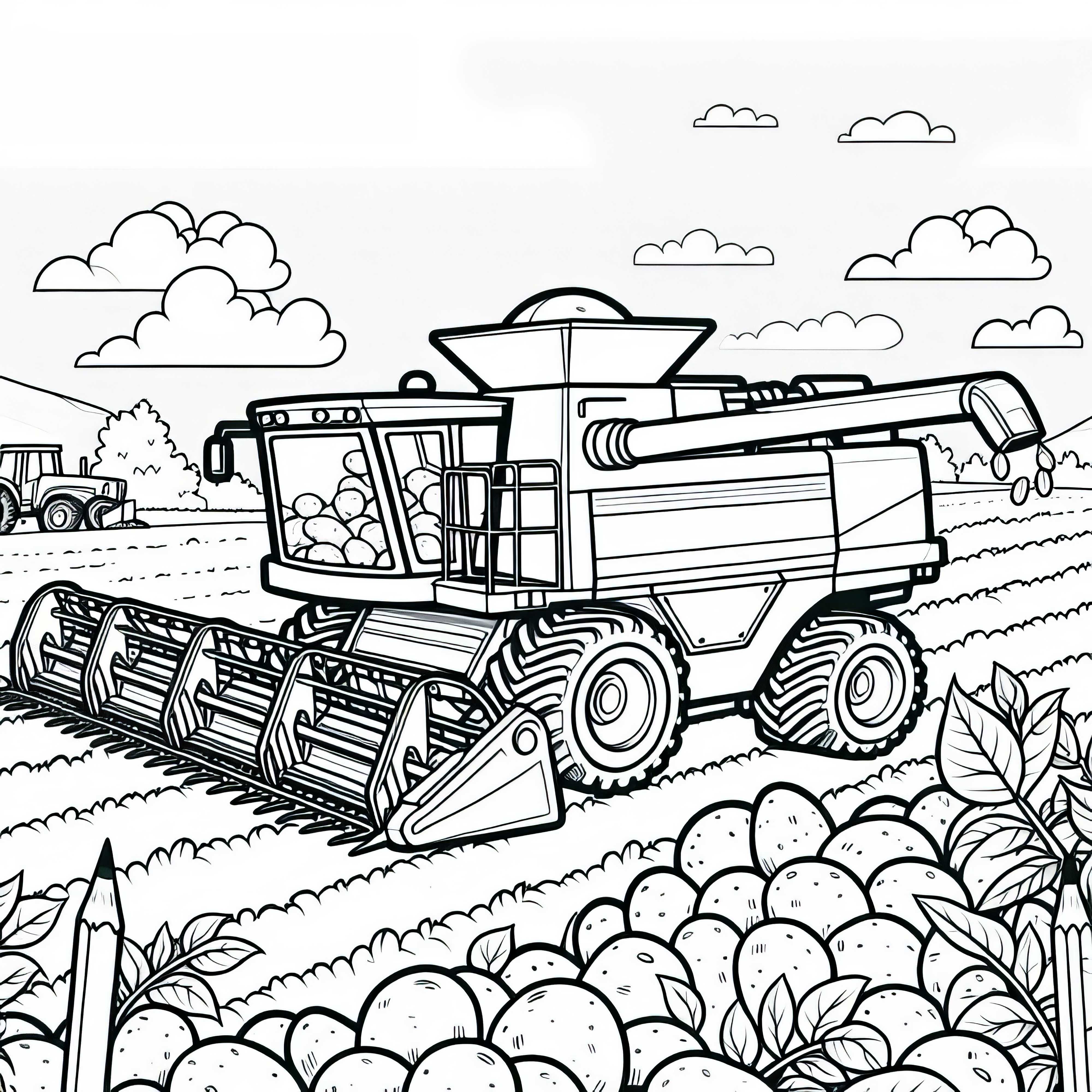 Potato harvest with a machine in the field - free coloring page