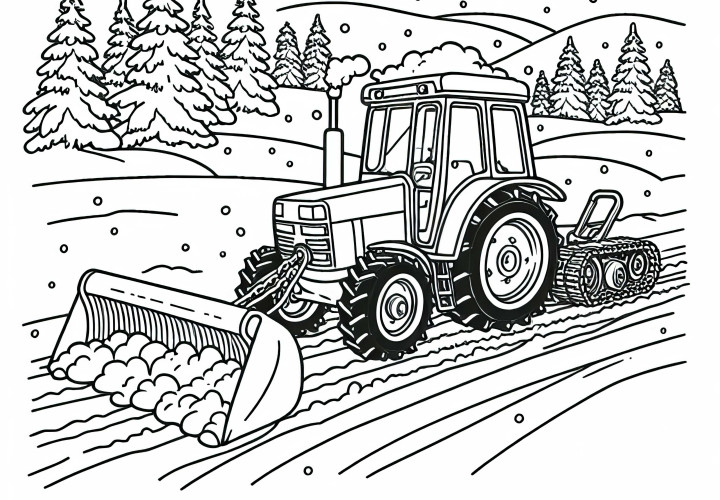 Tractor driving in the snow – Coloring page for you to print for free Tractor driving in the snow - coloring page free for you