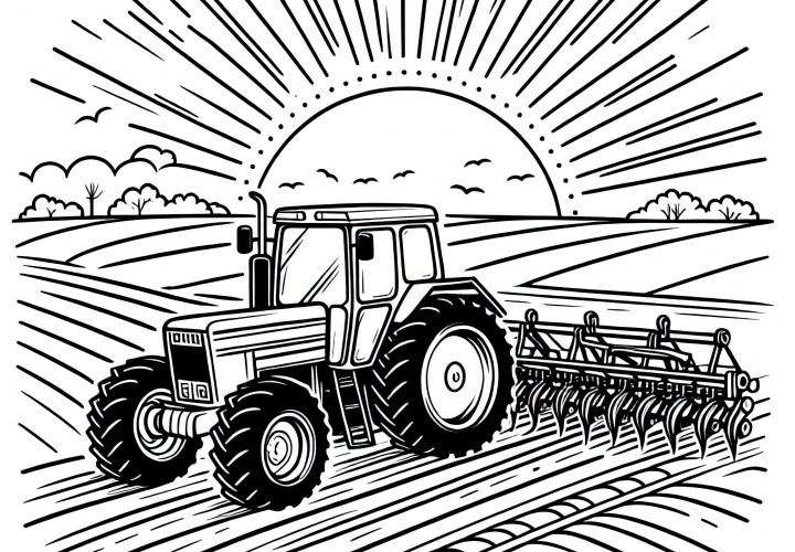 Tractor pulls plow across field at sunrise - Free coloring page Tractor pulls plow across field at sunrise – Free coloring page