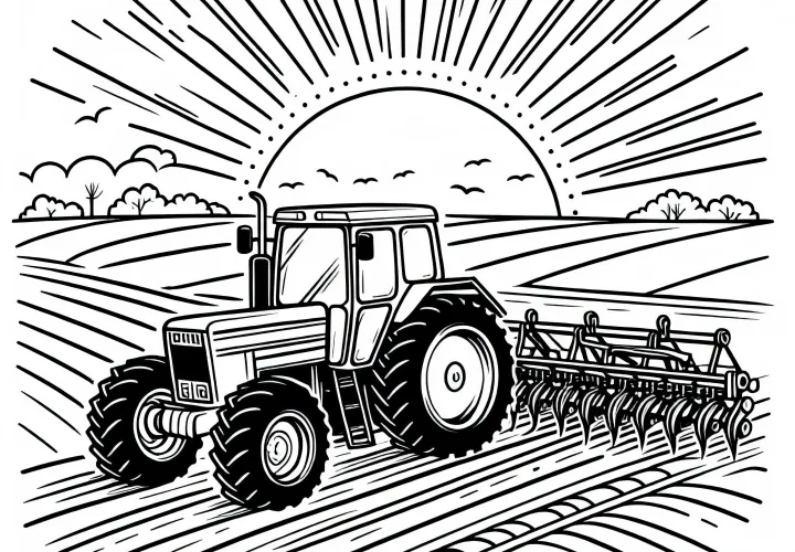 Tractor pulls plow across field at sunrise – Free coloring page