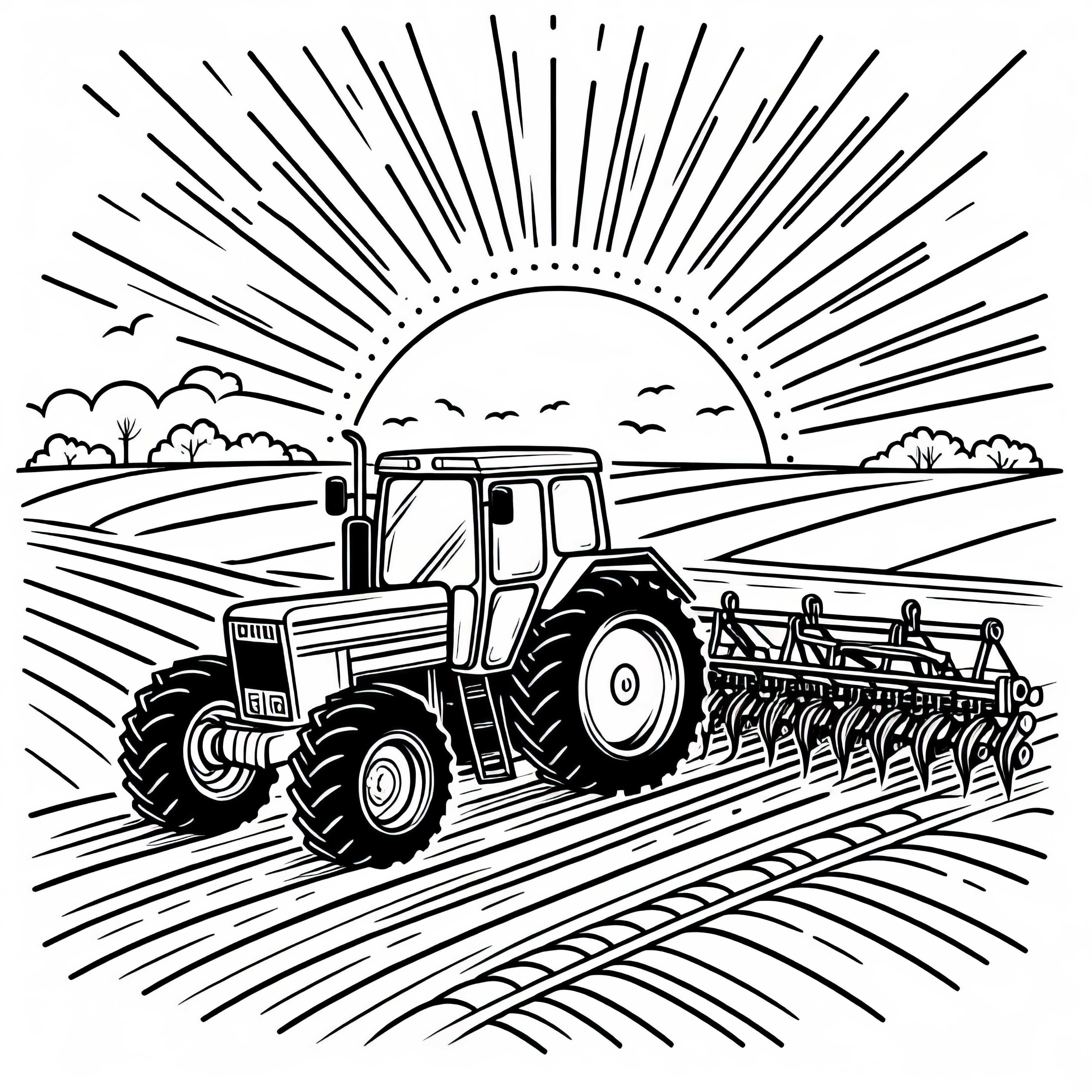 Tractor pulling plow over field at sunrise – Free coloring page