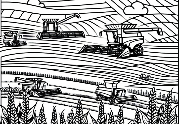 Fields with multiple machines during the harvest - Free coloring template Fields with multiple machines during the harvest - free coloring page