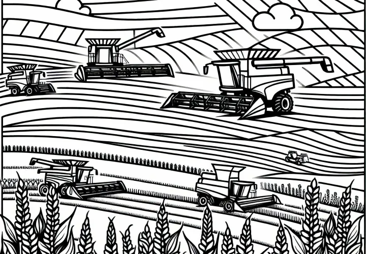 Fields with multiple machines during the harvest - free coloring page