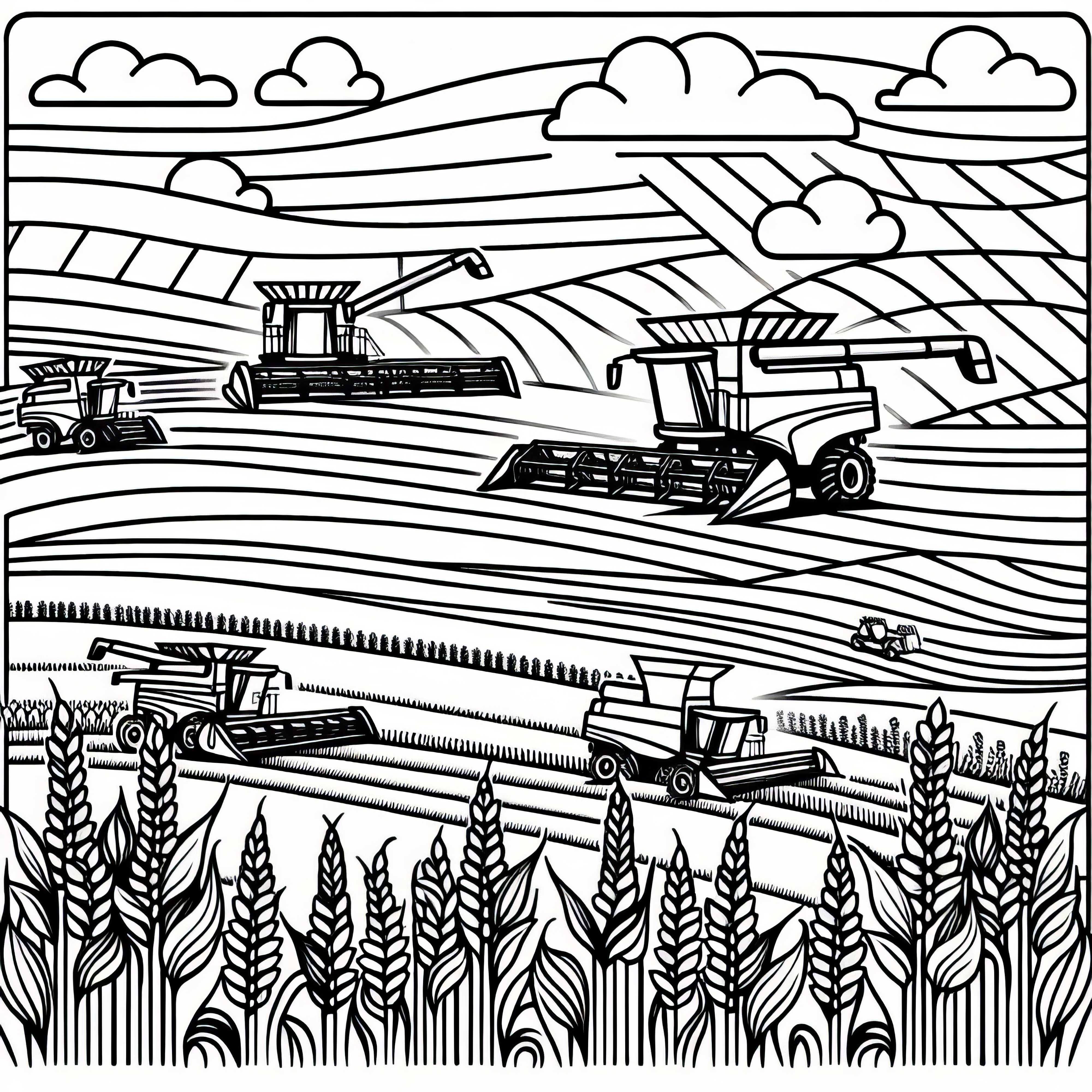 Fields with multiple machines during harvest – Free coloring page