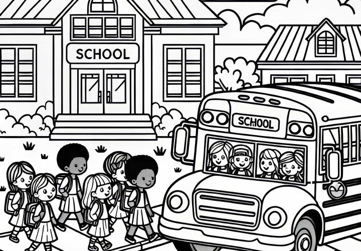 Schulbus hält vor der Schule mit Kindern, die einsteigen – Malvorlage kostenlos Schulbus hält vor der Schule mit Kindern, die einsteigen – Malvorlage kostenlos