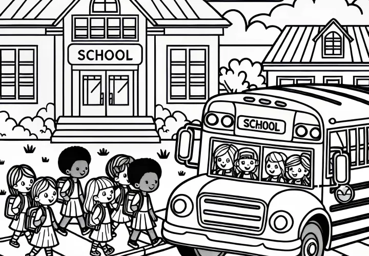 School bus stops in front of the school with children getting on – free coloring page
